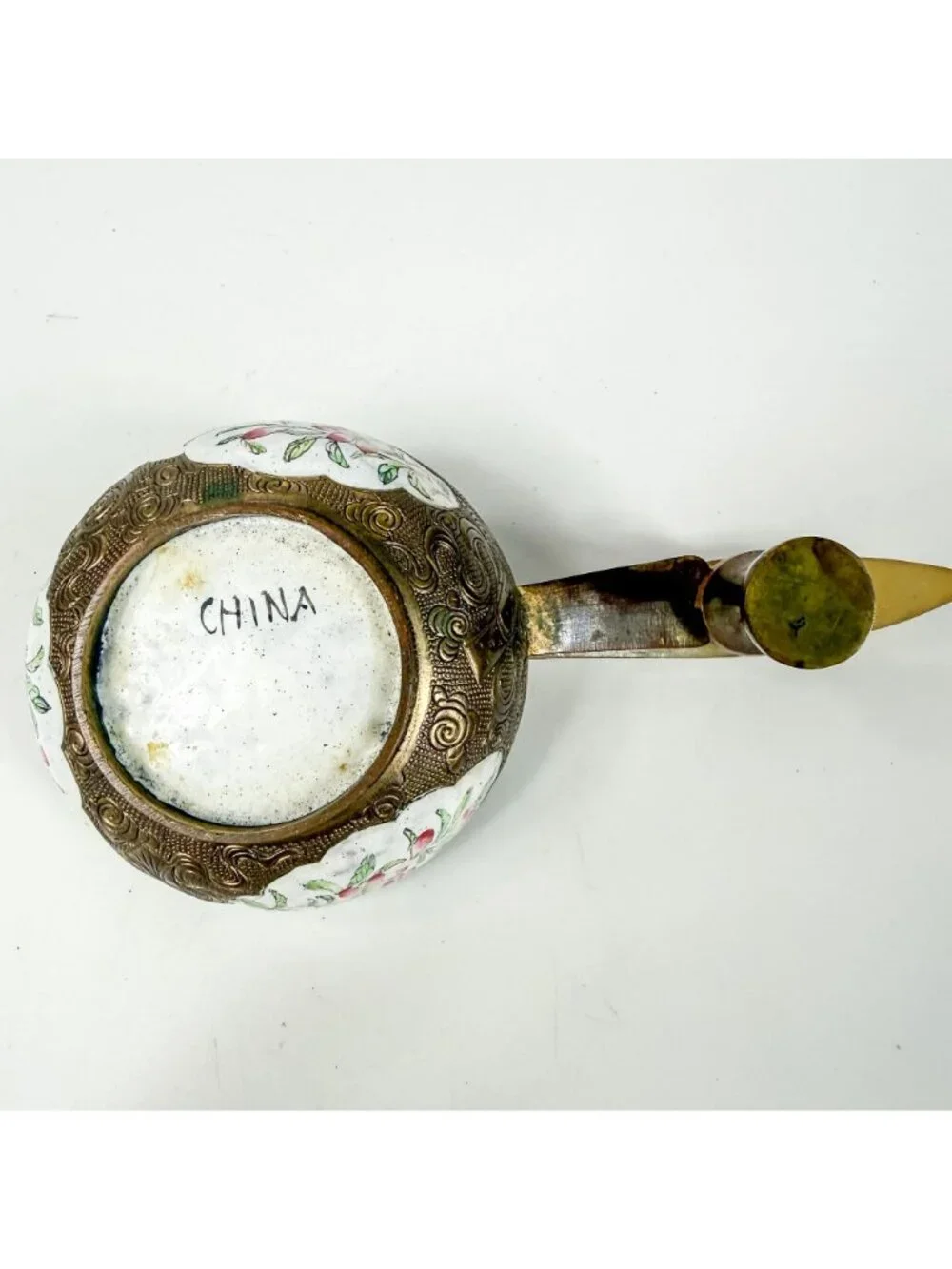 Antique Chinese Enameled Floral Jade Nephrite Hook Handle Bowl